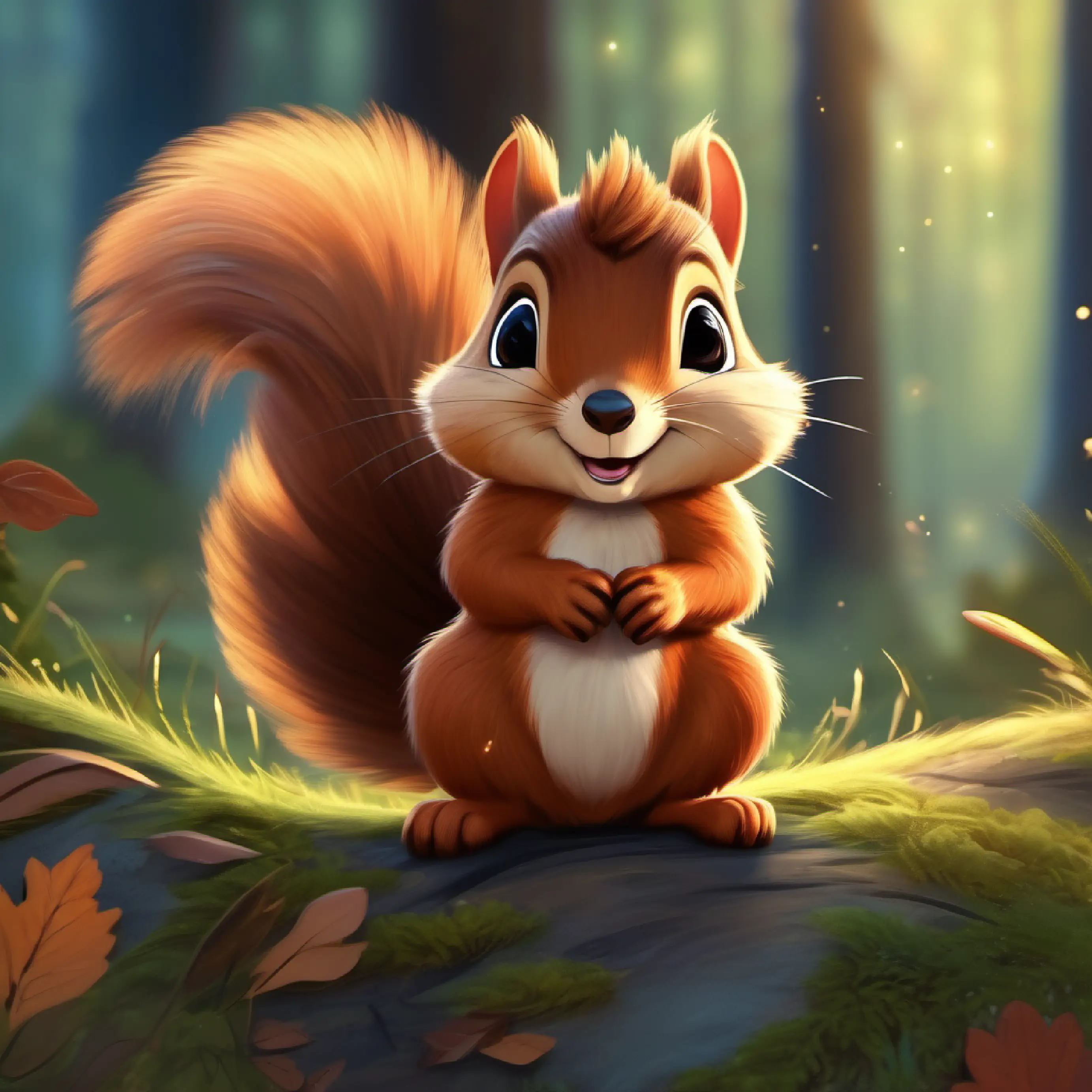 Brave little squirrel, brown fur, sparkly black eyes returns home, sharing the joy of his success with the forest.