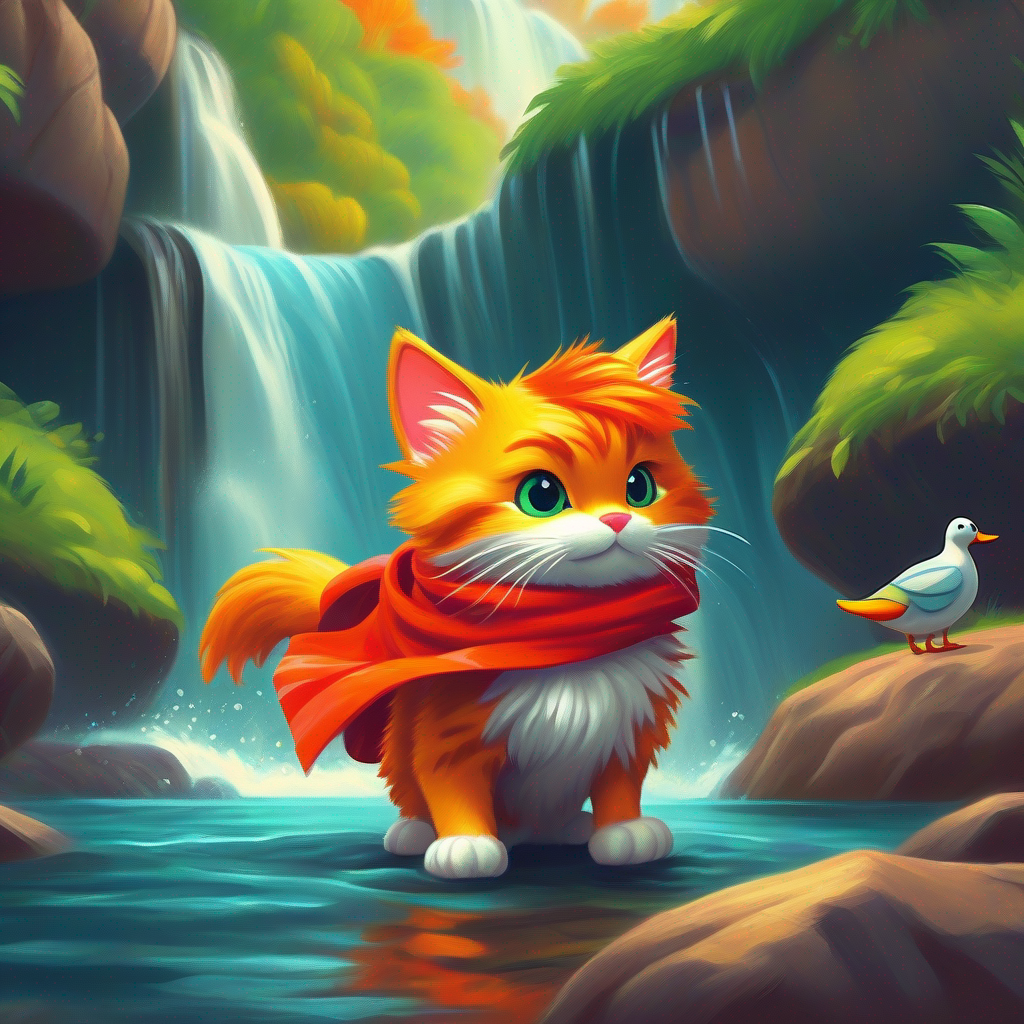 Brave cat with orange fur and a red bandana with duck near waterfall, bright colors, action