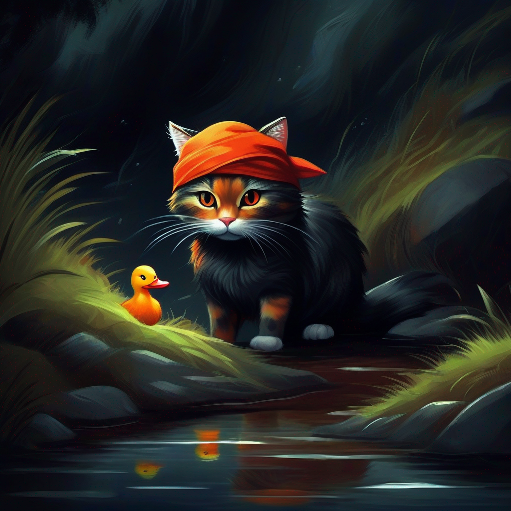 Brave cat with orange fur and a red bandana and duck near a deep hole, dark colors, suspense