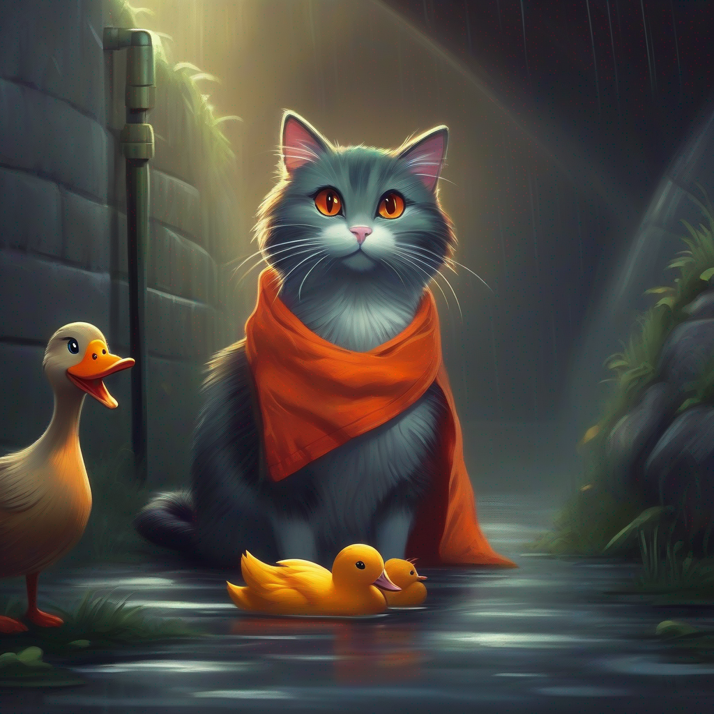 Brave cat with orange fur and a red bandana and duck near sewer, gloomy colors, surprise