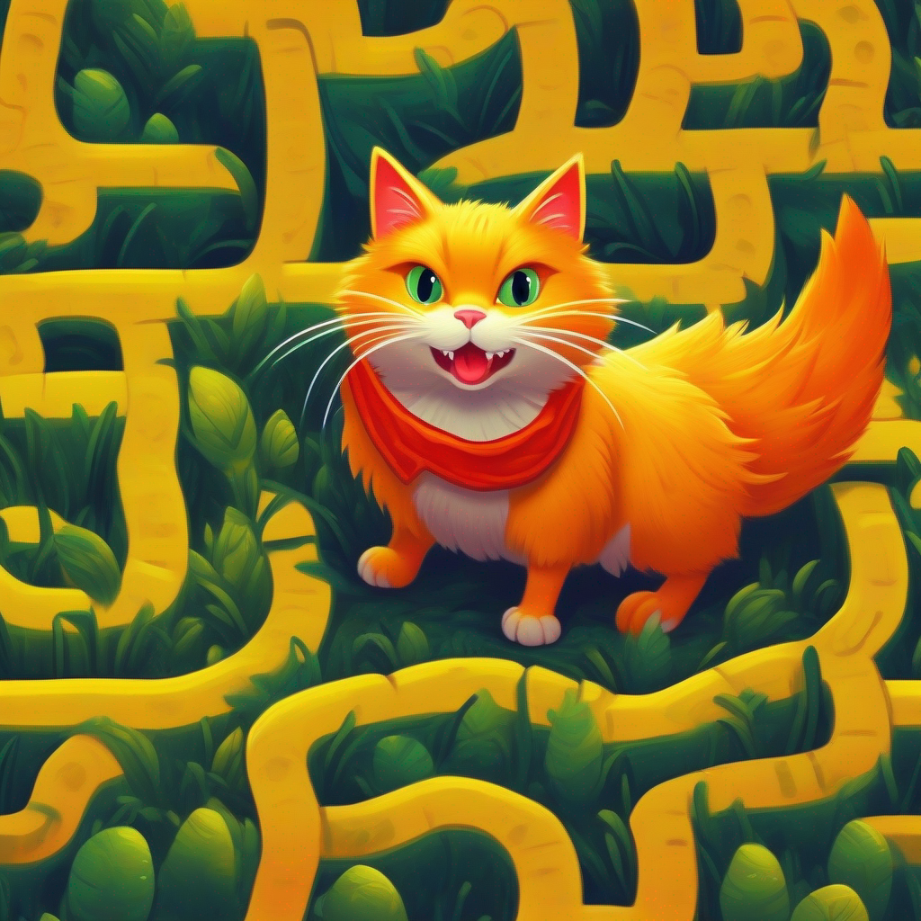 Brave cat with orange fur and a red bandana and duck in a maze, colorful traps, excitement