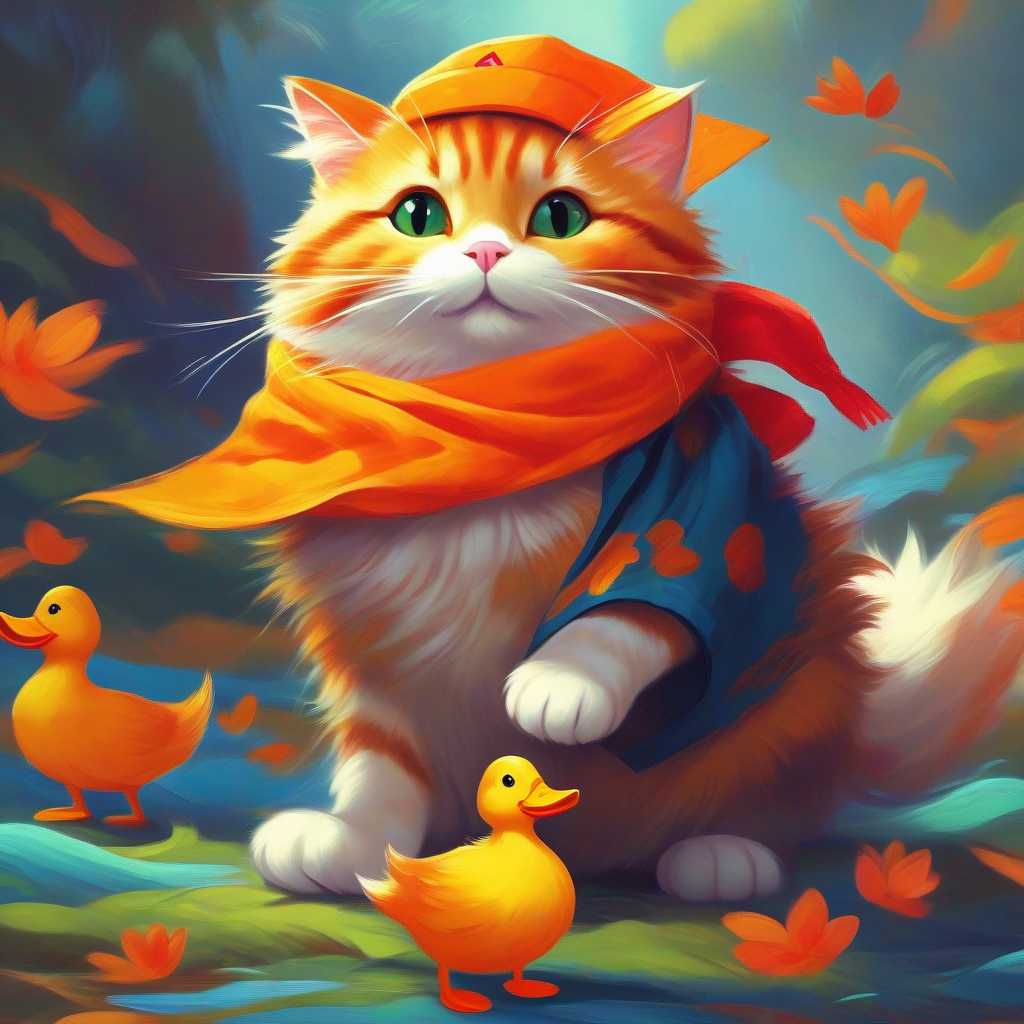Brave cat with orange fur and a red bandana and duck celebrating, bright colors, happiness