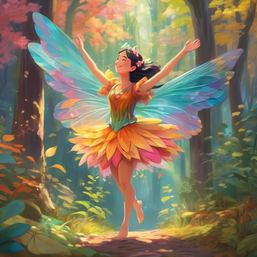 A cheerful fairy with colorful wings waking up in a vibrant forest, stretching her arms and toes.