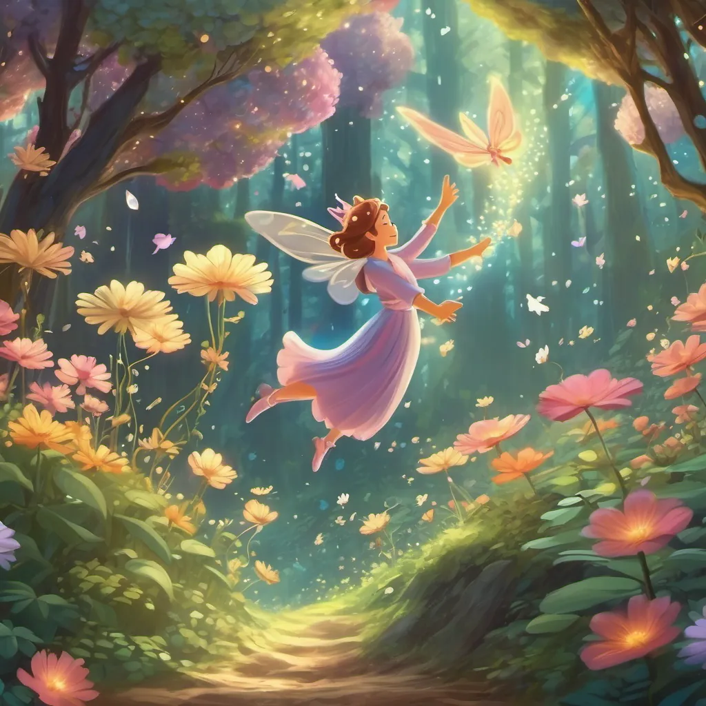 A whimsical fairy flying through a magical forest, with animated flowers swaying and singing.