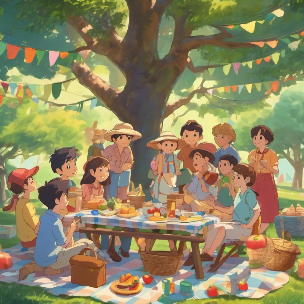 The group of friends having a joyful picnic under a tall tree, filled with colorful picnic items and happy faces.