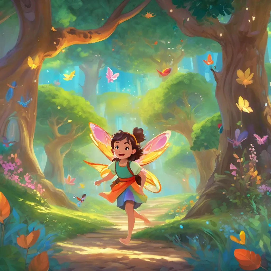 A playful fairy with vibrant, colorful wings and a cheerful demeanor, exploring a whimsical forest smiling and reflecting under the beautiful tree, feeling grateful and happy with her new friends around.