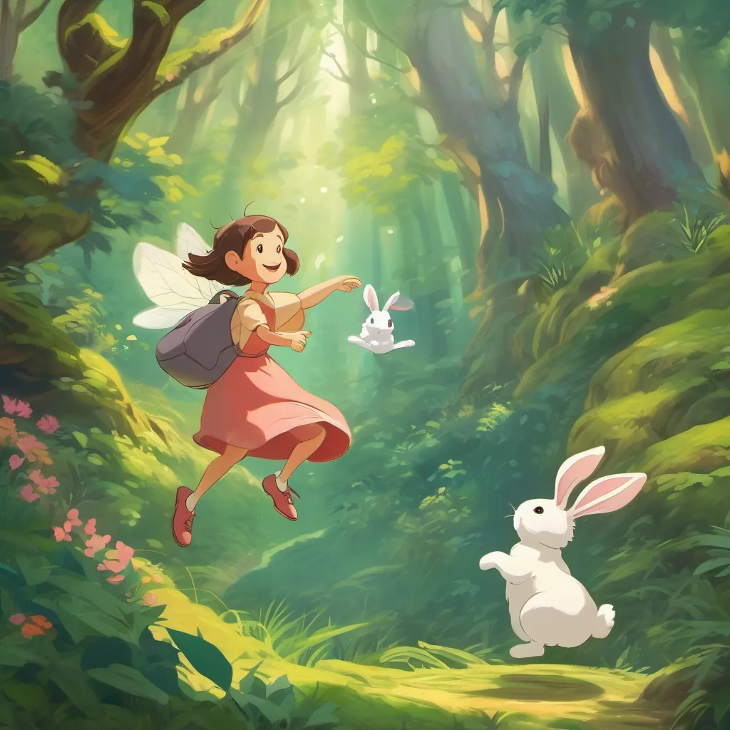 A fairy meeting a lively bunny who is energetically hopping around in a picturesque forest setting.