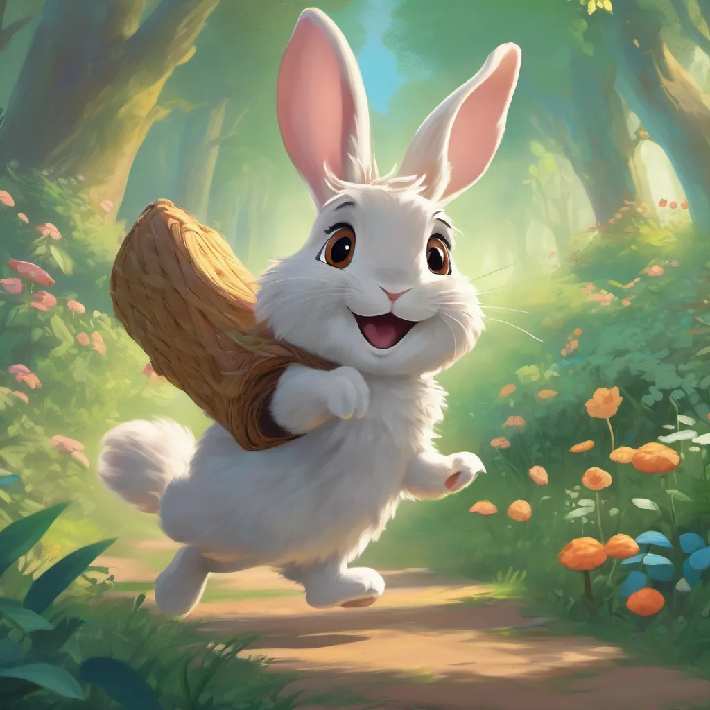 An energetic bunny who loves hopping around, with playful eyes and a perky posture the bunny hopping away energetically, leaving behind a fairy looking both hopeful and slightly puzzled.