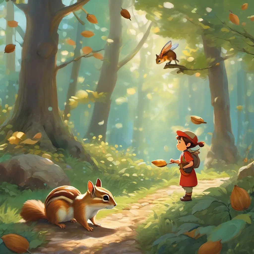 A fairy approaching a chipmunk who is busily chattering and collecting acorns.