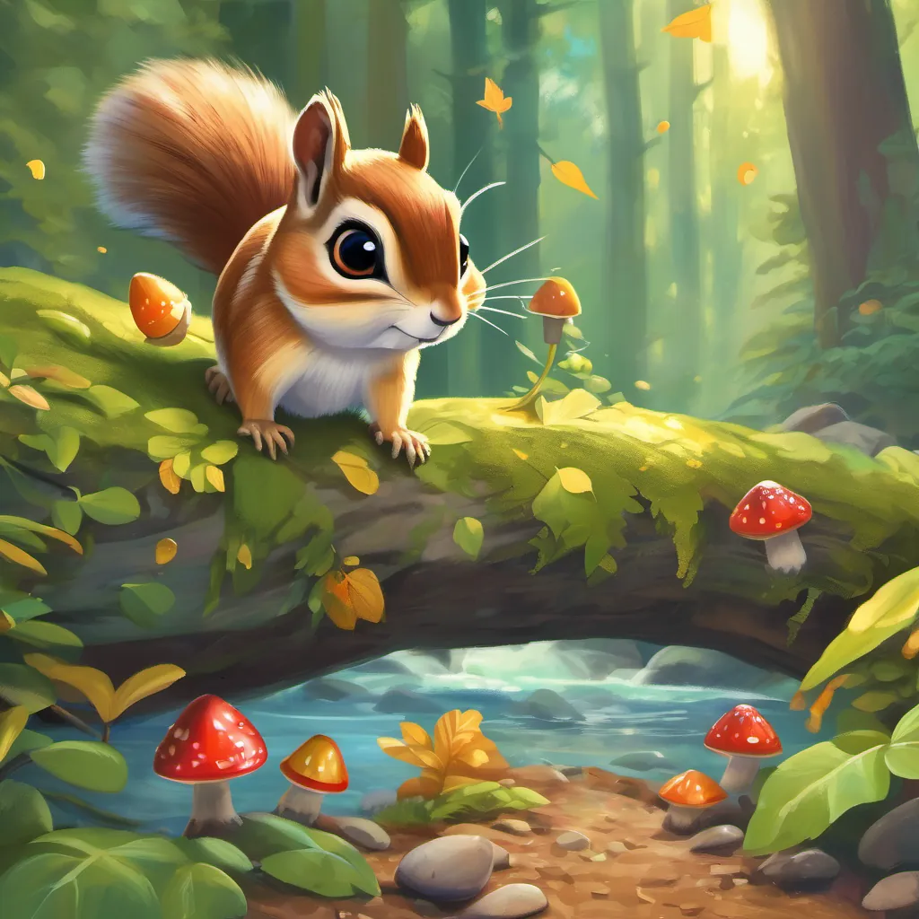 A chattery chipmunk busy collecting acorns, always moving and full of energy the chipmunk scurrying away with acorns, while A playful fairy with vibrant, colorful wings and a cheerful demeanor, exploring a whimsical forest watches, slightly disappointed.