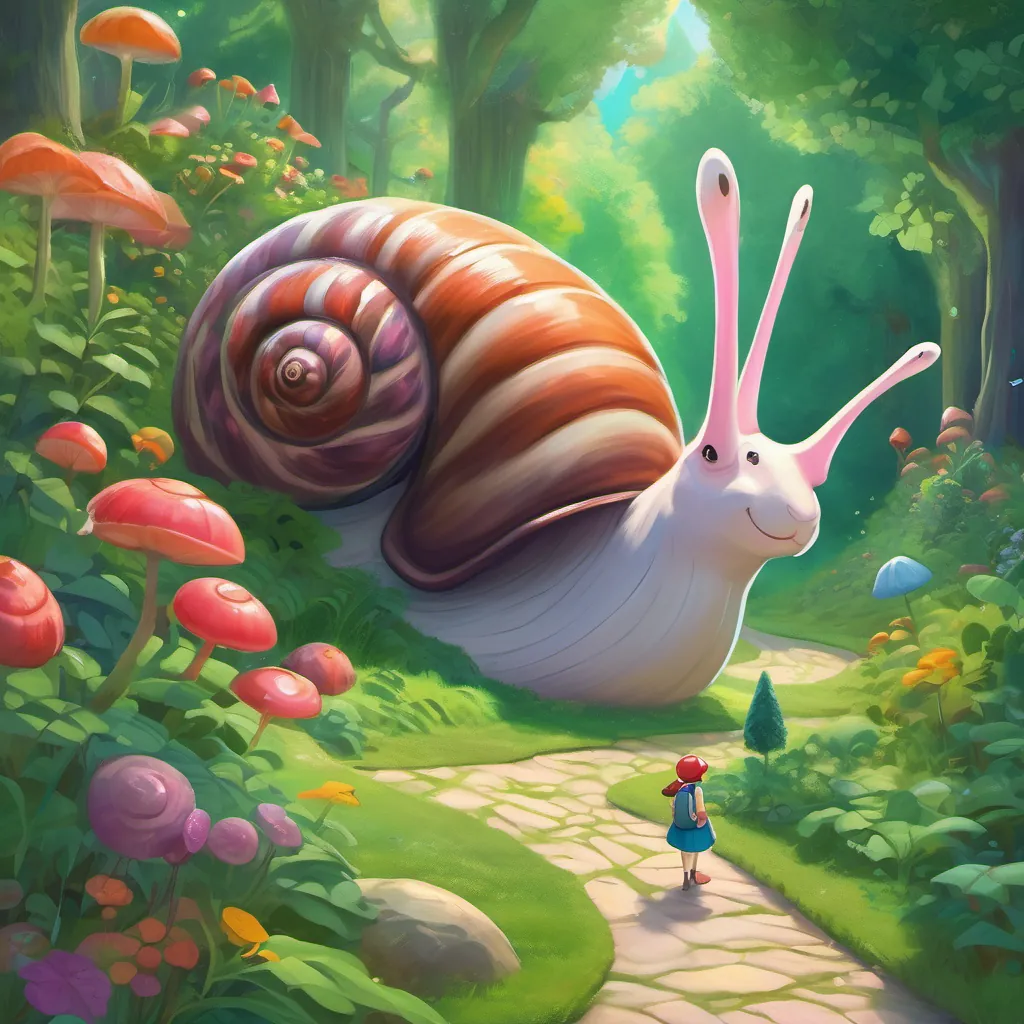 A fairy talking to a giant, colorful snail in the middle of a green path.