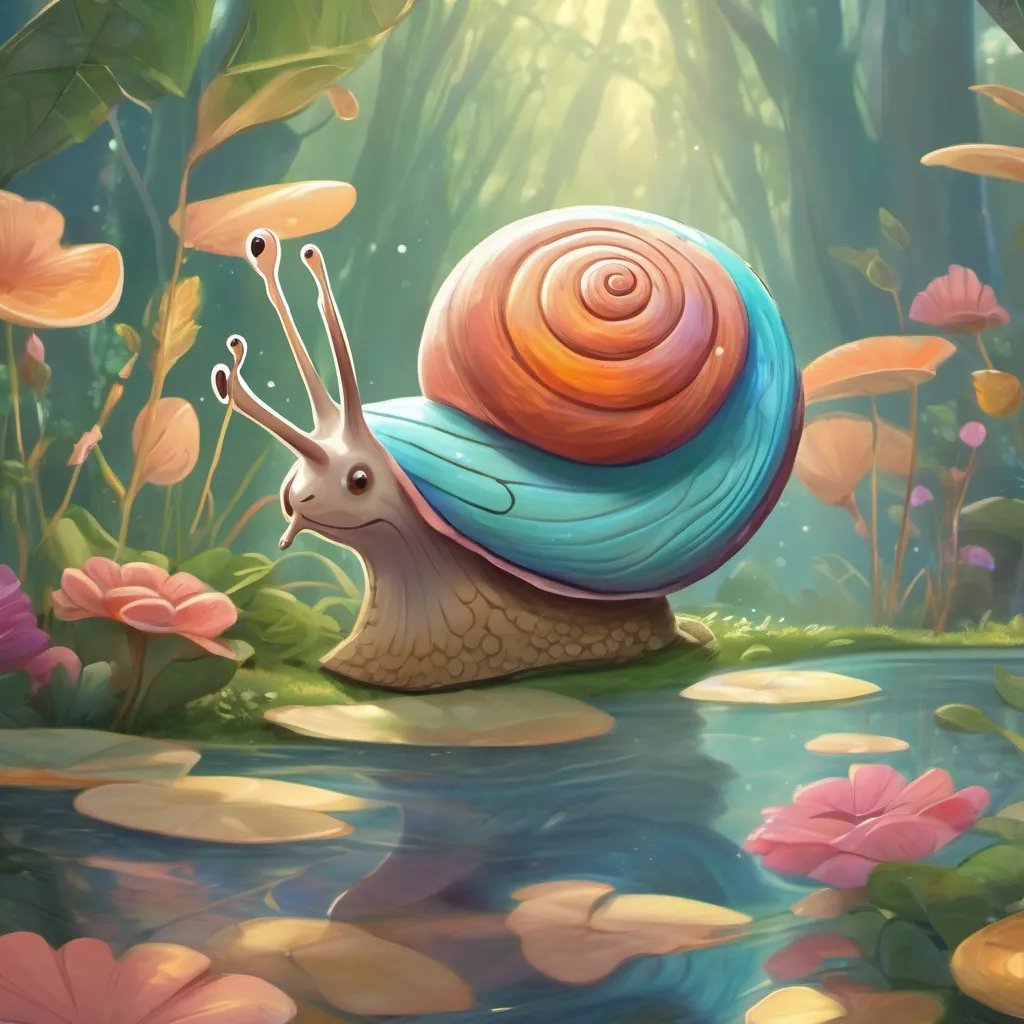 A sluggish, sweet snail with a beautifully patterned shell, moving slowly and speaking in a gentle tone the snail moving slowly, with the fairy flying right above her, both heading forward together.