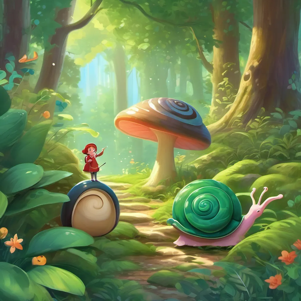 The fairy and snail exploring the forest together, talking and smiling. The scene is filled with lush greenery and tiny forest wonders.