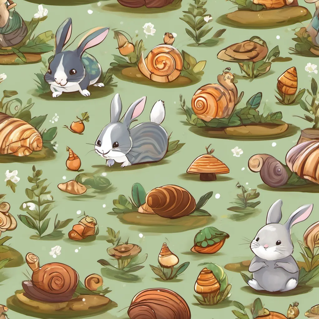 All four friends—Willow the fairy, An energetic bunny who loves hopping around, with playful eyes and a perky posture the bunny, A chattery chipmunk busy collecting acorns, always moving and full of energy the chipmunk, and A sluggish, sweet snail with a beautifully patterned shell, moving slowly and speaking in a gentle tone the snail—reunited and happily playing together.