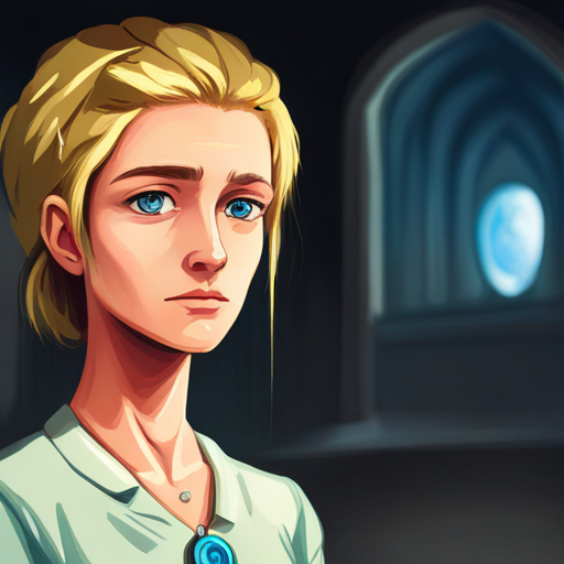 Blonde hair, blue eyes, wearing a pendant. discovers a pendant in her attic