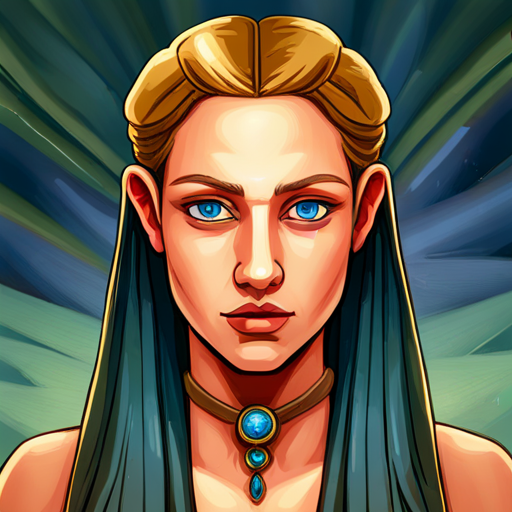 Blonde hair, blue eyes, wearing a pendant. travels to Ancient Egypt wearing pendant