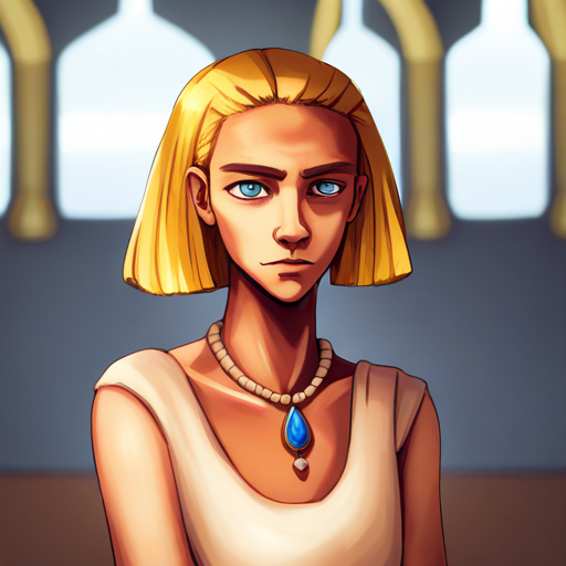 Blonde hair, blue eyes, wearing a pendant. meets friendly pharaoh needing assistance