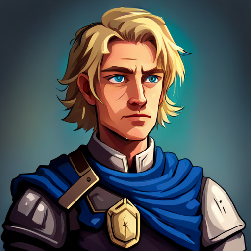 Blonde hair, blue eyes, wearing a pendant. meets brave knight who teaches fighting
