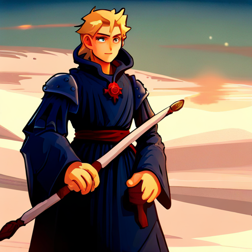 Black robes, glowing red eyes, holding a staff. follows Blonde hair, blue eyes, wearing a pendant. back home from medieval times