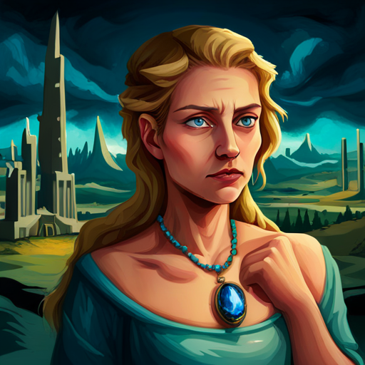 She learns that an evil sorcerer is threatening the pharaoh's kingdom.Blonde hair, blue eyes, wearing a pendant. discovers an evil sorcerer's threat