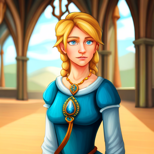 With her pendant, Emma travels to medieval times.Blonde hair, blue eyes, wearing a pendant. uses pendant to travel to medieval times