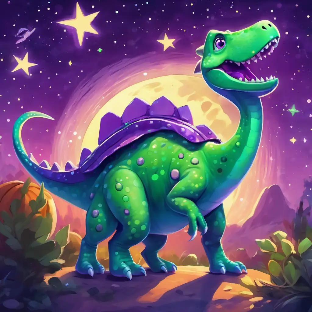 A green dinosaur with purple spots, a green dinosaur with purple spots, standing next to a spaceship, surrounded by twinkling stars.