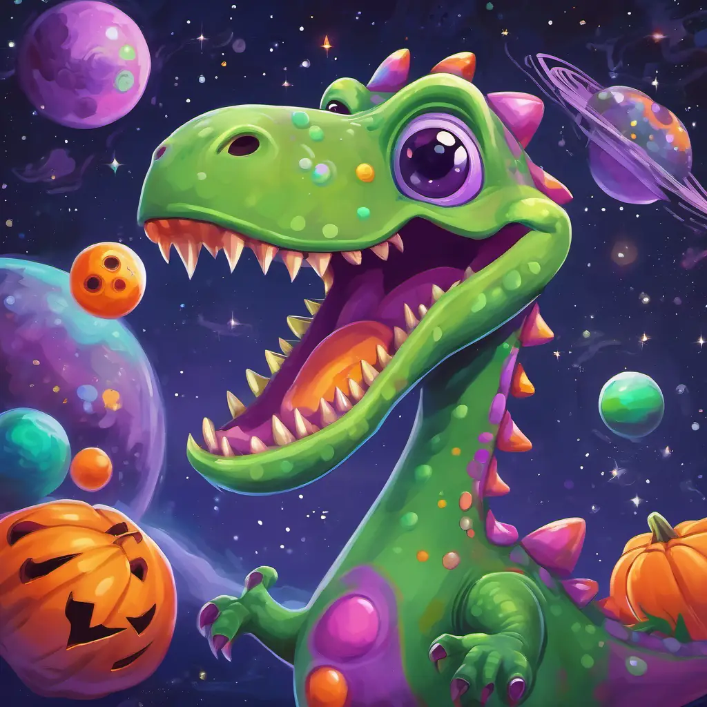 A green dinosaur with purple spots and A small orange alien with three eyes, a small orange alien with three eyes, flying through space surrounded by colorful planets.