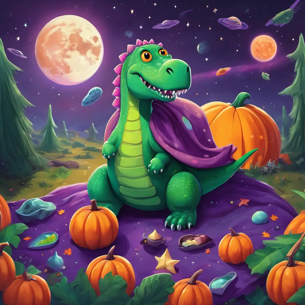 A green dinosaur with purple spots and A small orange alien with three eyes floating in zero gravity, surrounded by a moon, several asteroids, and a comet with a picnic blanket.