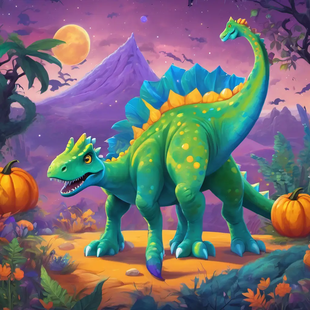 A green dinosaur with purple spots, A small orange alien with three eyes, and A huge blue dinosaur with golden scales, a huge blue dinosaur with golden scales, standing on a colorful planet with strange plants.
