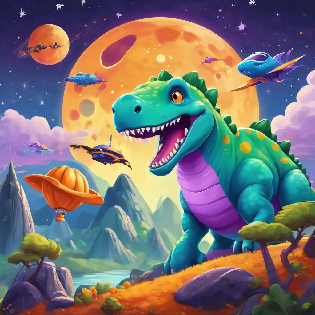 A green dinosaur with purple spots, A small orange alien with three eyes, and A huge blue dinosaur with golden scales waving goodbye, with their spaceship flying away from the colorful planet.