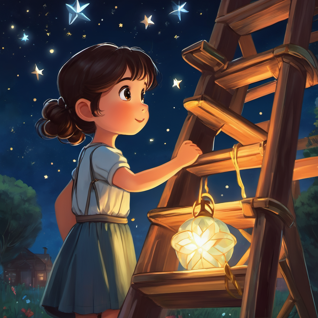 Stella's heart ached for the fallen star. She knew it belonged high up in the night sky, shining alongside its fellow stars. Determined to help, Stella said, "Don't worry, little star! I will do everything I can to help you get back home." Stella's eyes lit up with an idea. She remembered her grandmother's old ladder, hidden away in the shed, that could reach the highest branches of the village's tallest tree. She carefully climbed the ladder, holding the fallen star tight against her chest, and reached the very top.