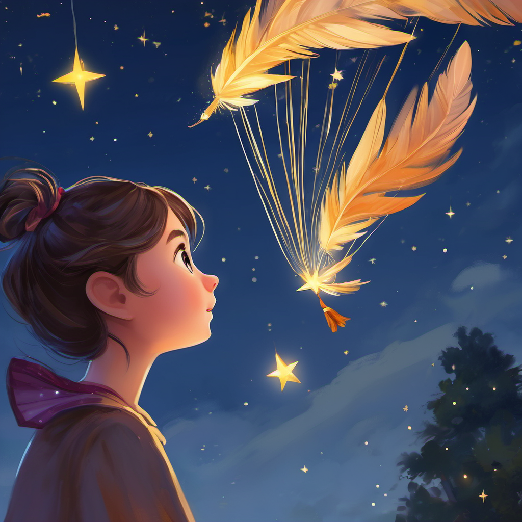 With all her might, Stella flung the star into the air, but it fell back down. Stella's brow furrowed - she refused to give up. She climbed down the ladder, ran to find some feathers, and tied them gently around the star. This time, when she threw it into the air, the feathers fluttered, and the star soared even higher. Stella knew she was onto something. Every day, Stella would try a different method to help the fallen star reach the sky. She tied balloons, attached a tiny parachute, and even constructed tiny wings for the star. Each time, the star would ascend a little higher, but it still couldn't stay among its celestial companions.