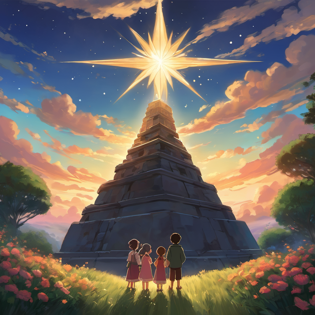 With newfound hope, Stella gathered her friends from the village and told them about the fallen star and her attempts to help it. Together, they formed a pyramid, with Stella at the top and held each other's hands tightly. As they all looked up towards the sky, they gave a united push. To their amazement, as their combined strength lifted them from the ground, the fallen star rose higher and higher. It twinkled with joy, its light growing brighter with each passing moment.