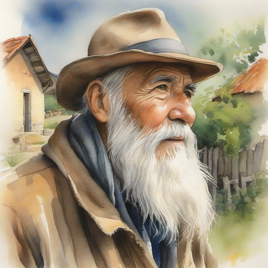 Old man with white beard and a hat, in a small village