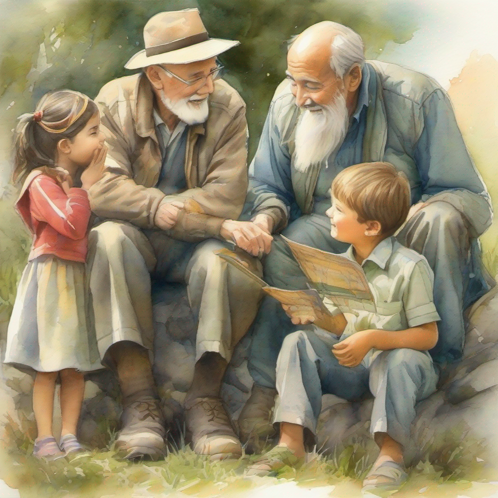 Children thanking the old man for the story