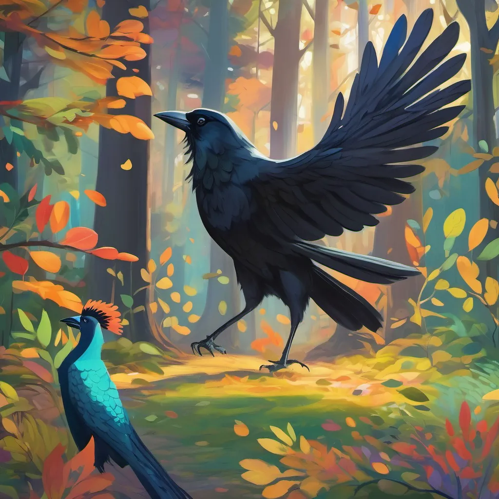 A whimsical forest with dancing leaves and a curious crow named A curious crow with simple black feathers, seeking colorful peacock feathers