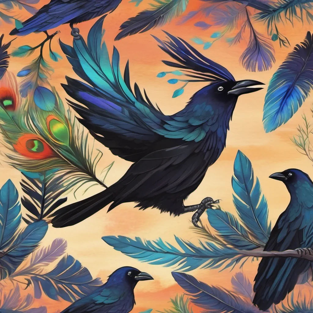 A curious crow with simple black feathers, seeking colorful peacock feathers the crow flying joyfully in the night sky, accepting his true self