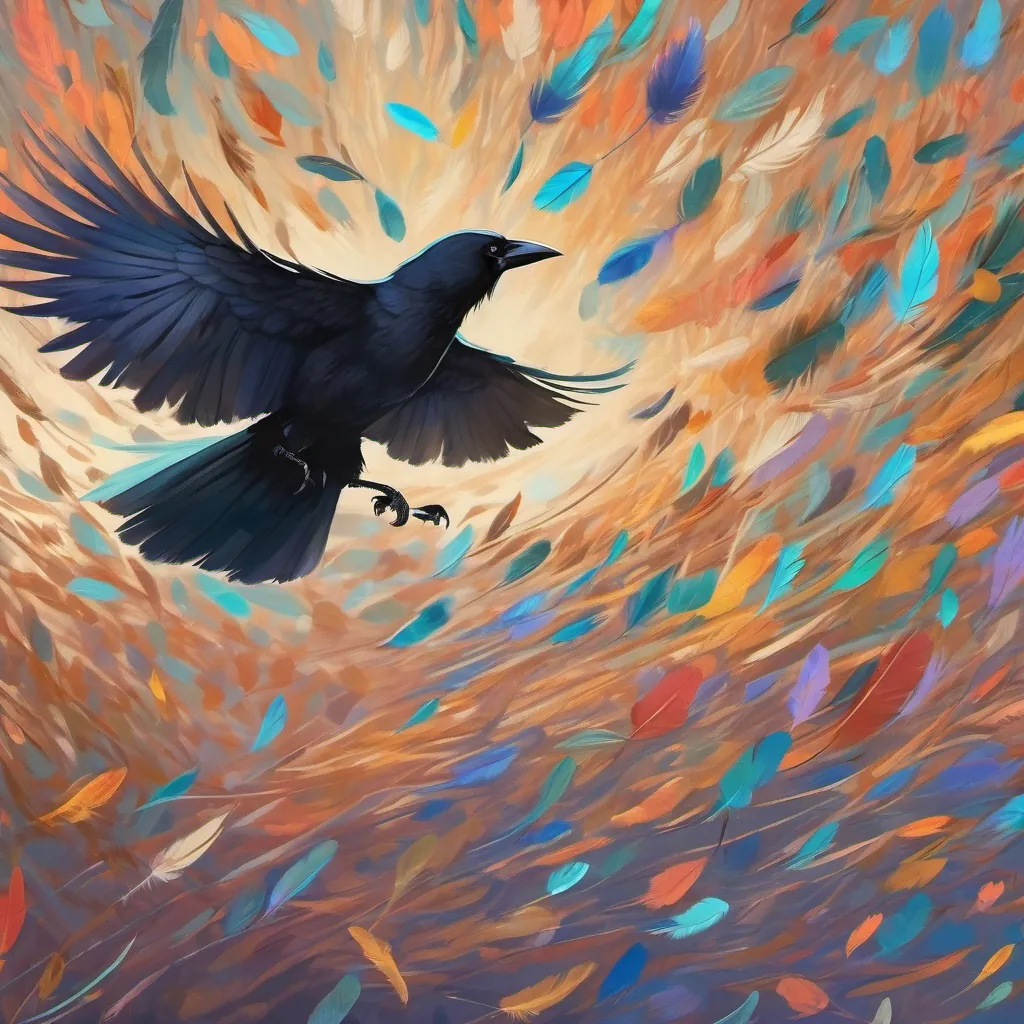 A feather falling, and A curious crow with simple black feathers, seeking colorful peacock feathers the crow swooping down to catch it