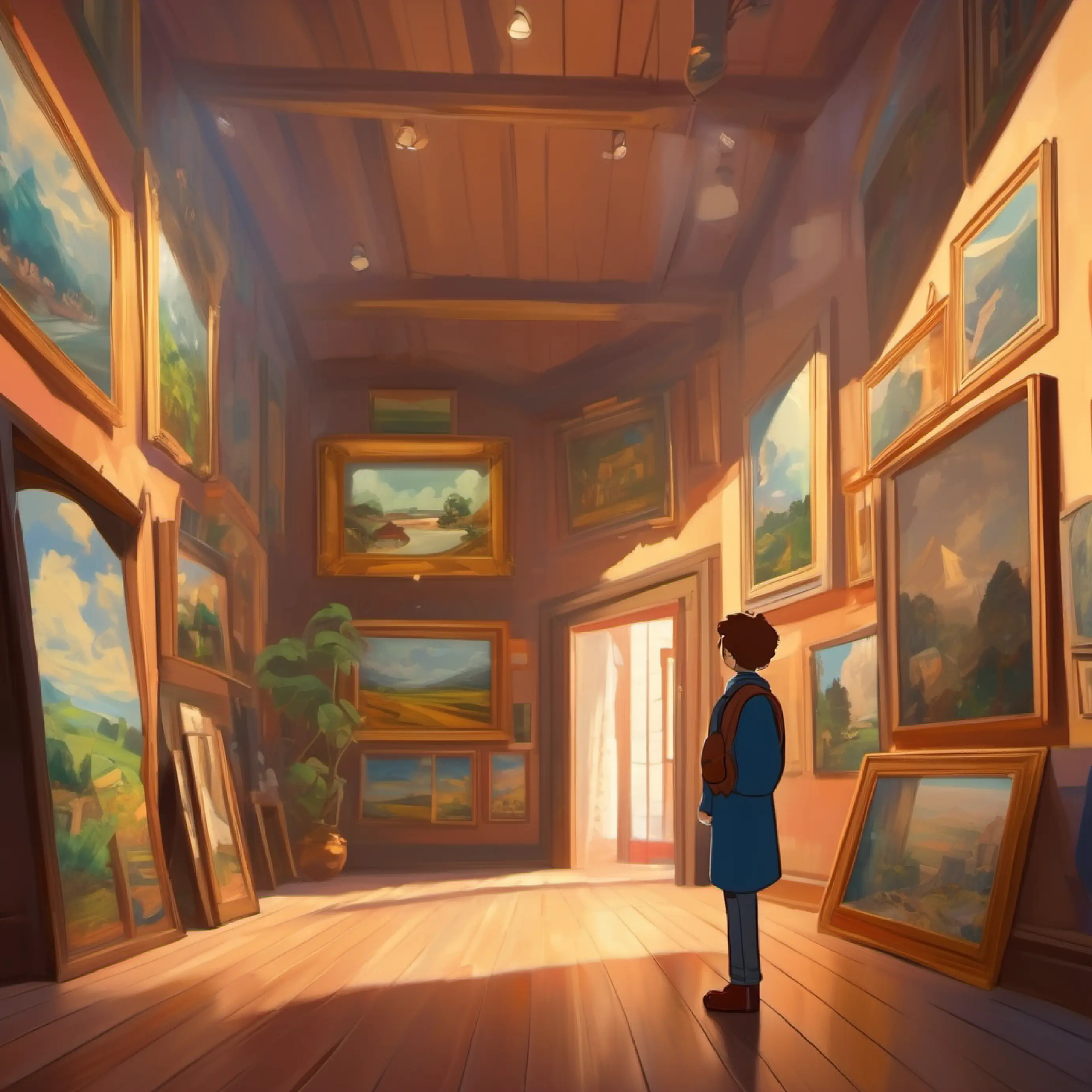 Alex explores an art gallery, admires different art.