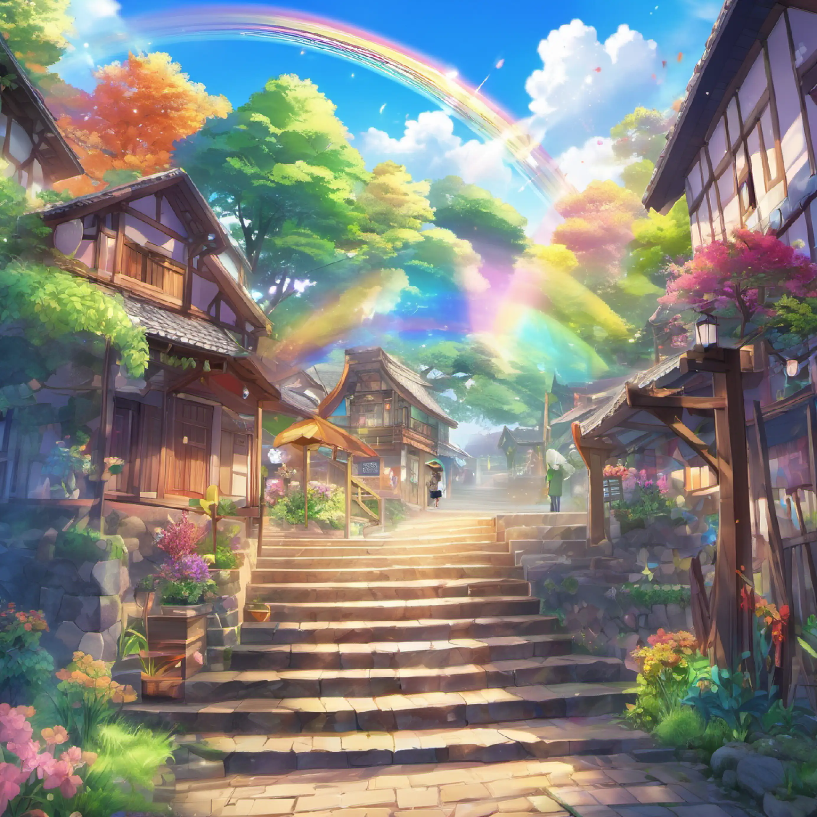 Villagers welcome Sparkle back as rainbow steps disappear.