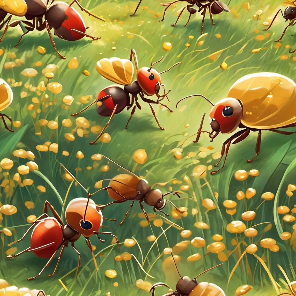 Busy ants carrying golden grains in a sunny field, bustling with activity and focus.