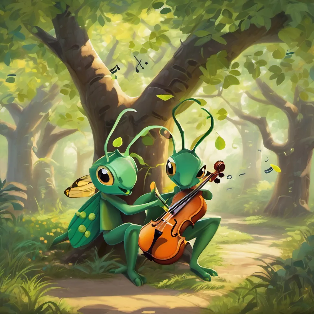 A grasshopper playing the fiddle under a large shady tree, with musical notes floating around.