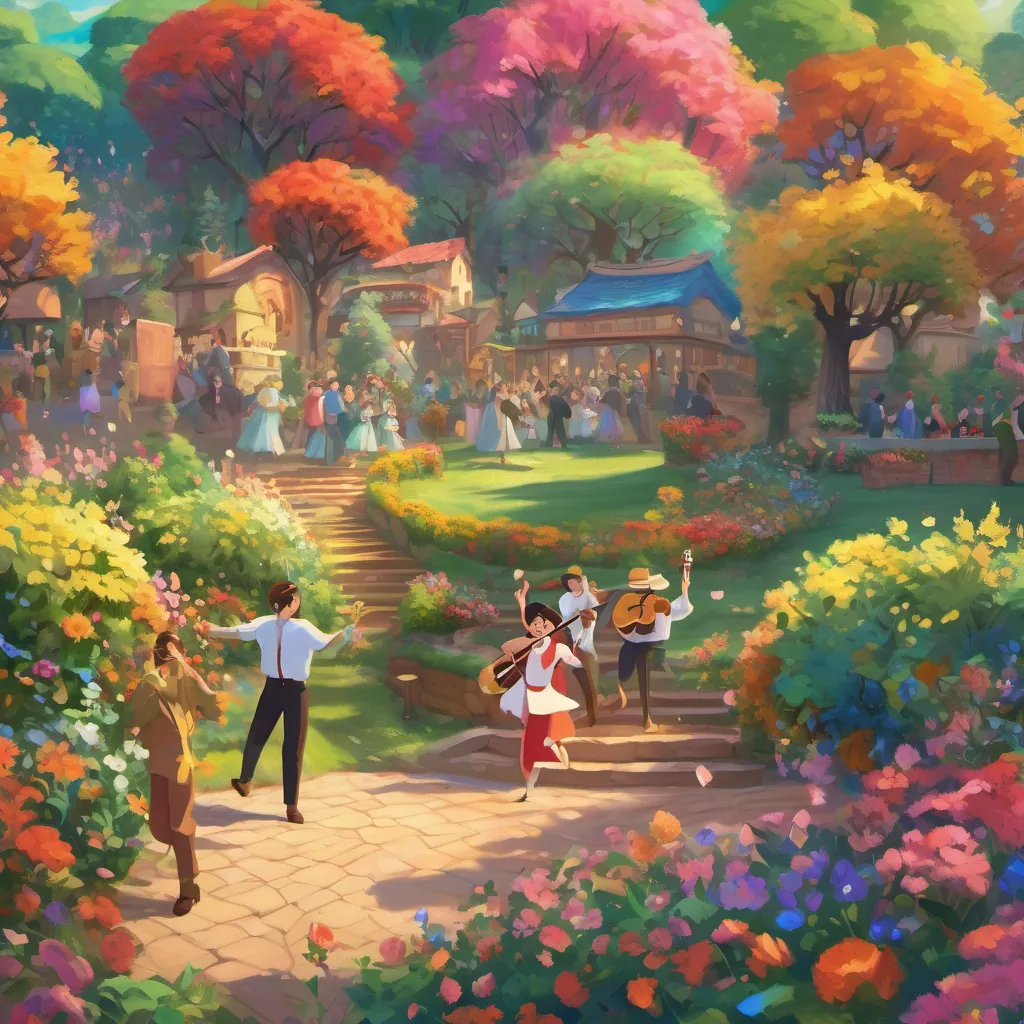 Everyone celebrating with music and dance, amidst a colorful and vibrant setting of flowers and trees.