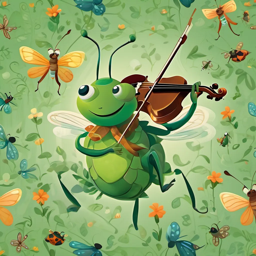 A lean, green insect with long legs and a jovial grin, holding a fiddle, representing whimsy and music joyfully dancing and fiddling, surrounded by an audience of enthusiastic insects.