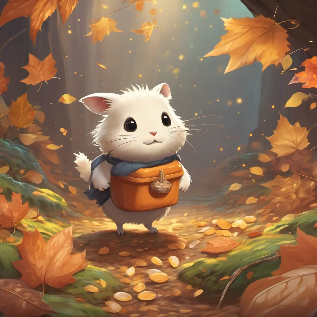 A small, industrious creature with a shiny back, carrying tiny grains on its back, symbolizing teamworks storing food in their underground home surrounded by autumn leaves and a cozy atmosphere.