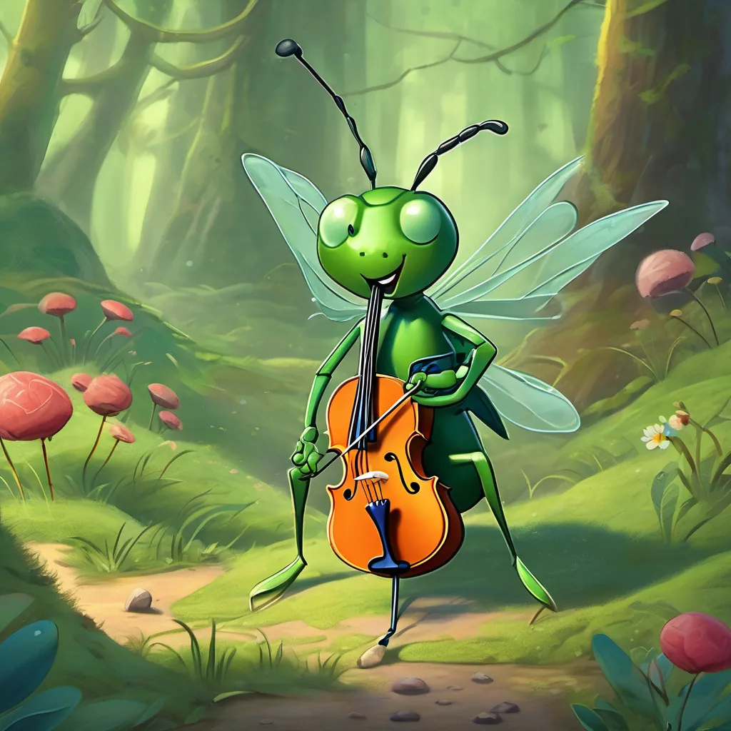 A lean, green insect with long legs and a jovial grin, holding a fiddle, representing whimsy and music looking worriedly at the cold, muddy ground, approaching the ants with his fiddle tucked under his arm.