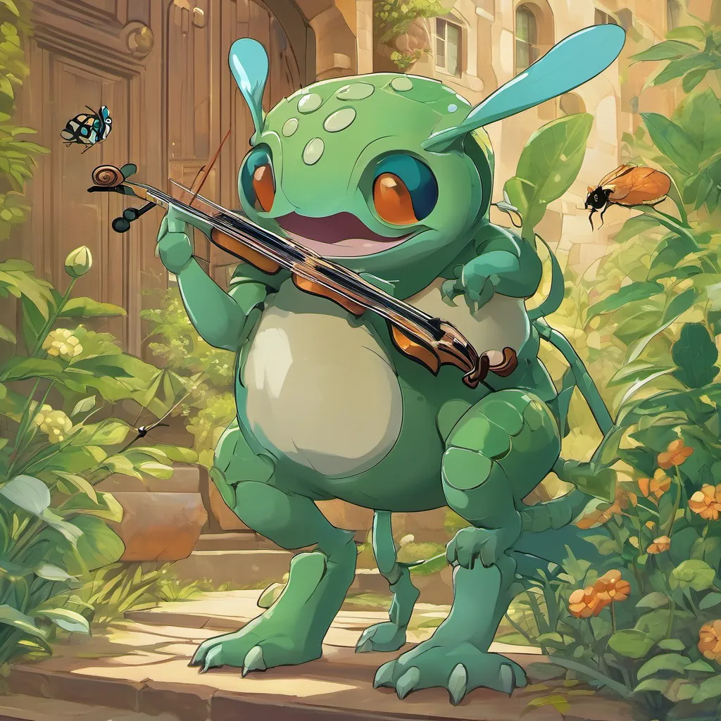 A small, industrious creature with a shiny back, carrying tiny grains on its back, symbolizing teamworks standing firm at their doorway, looking at the pleading A lean, green insect with long legs and a jovial grin, holding a fiddle, representing whimsy and music with understanding eyes.