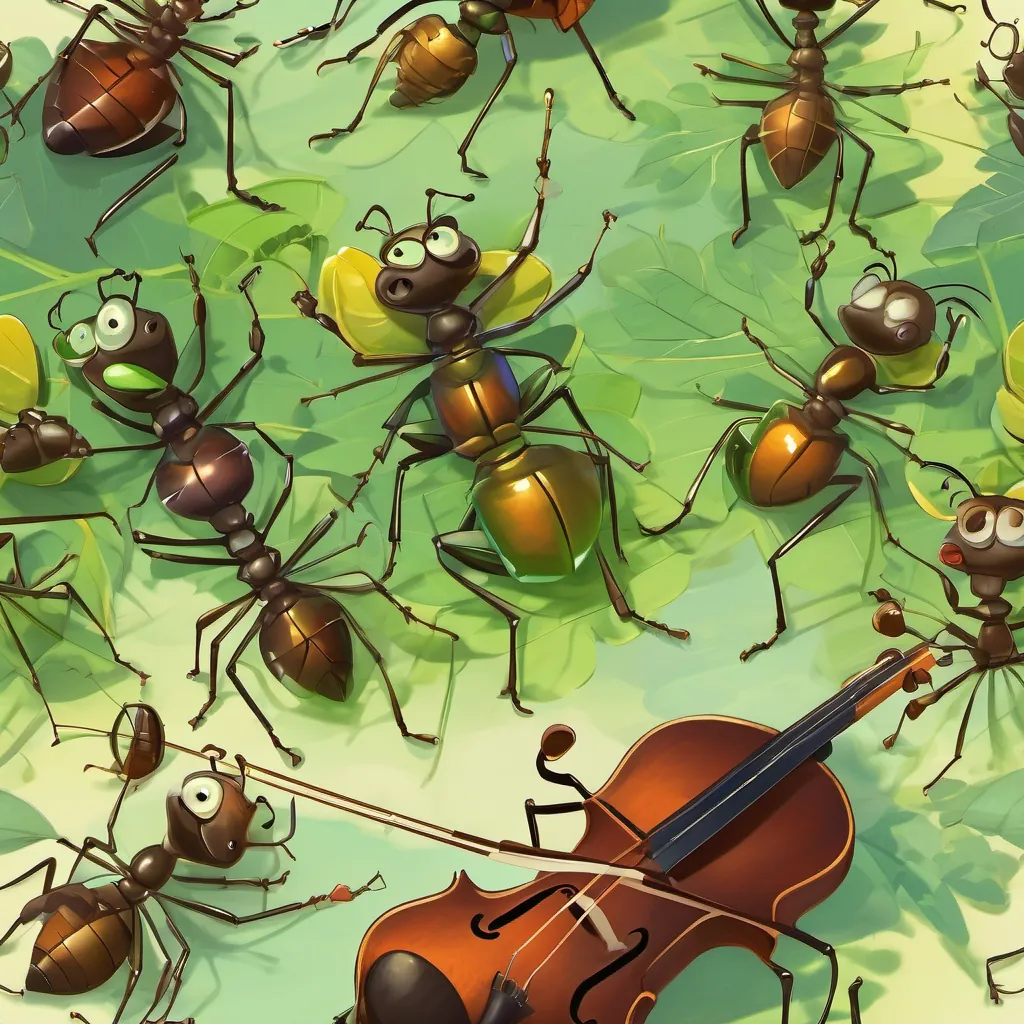 Group of ants gathered in a circle having a discussion, as the A lean, green insect with long legs and a jovial grin, holding a fiddle, representing whimsy and music waits hopefully.