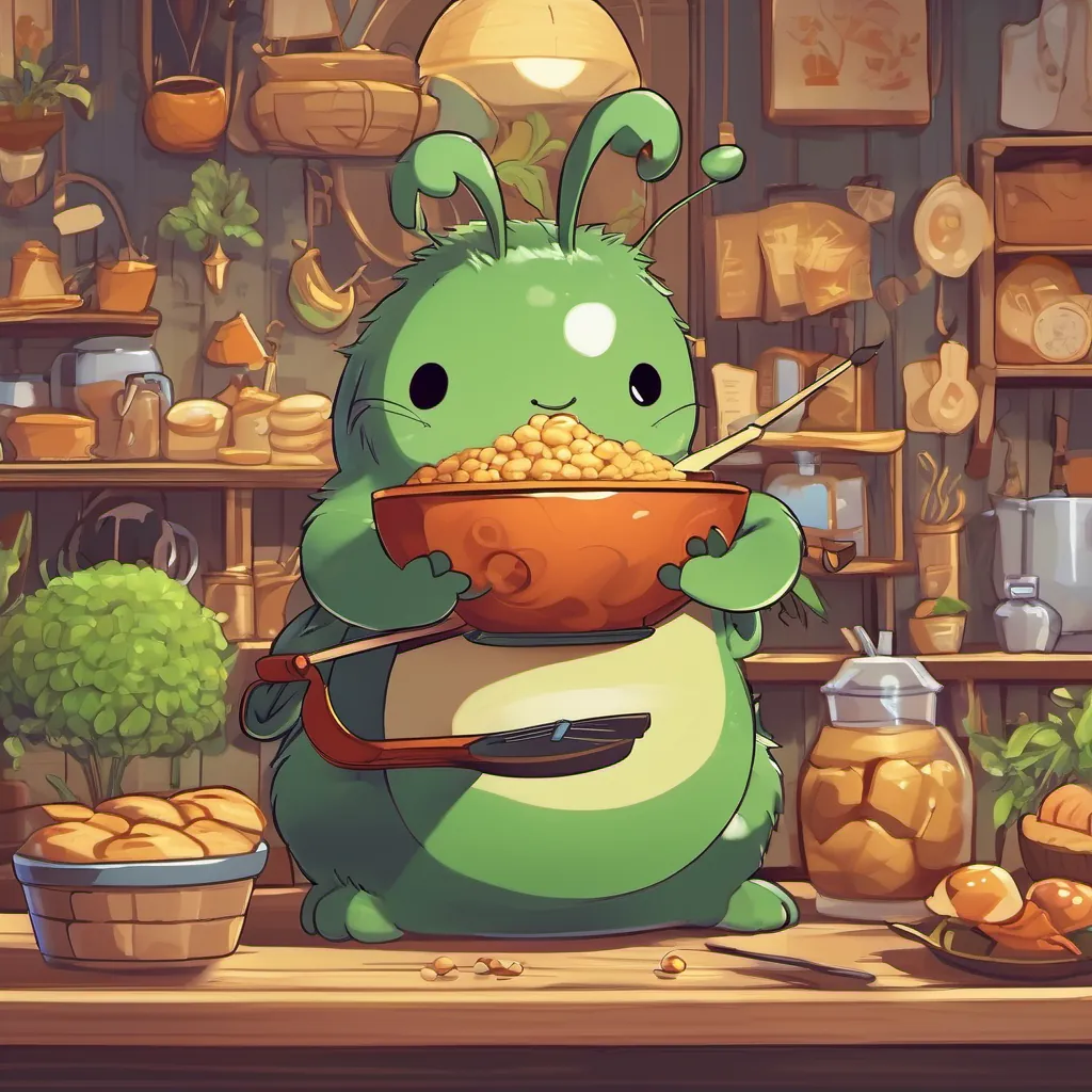 A small, industrious creature with a shiny back, carrying tiny grains on its back, symbolizing teamworks warmly inviting the A lean, green insect with long legs and a jovial grin, holding a fiddle, representing whimsy and music into their home, with a welcoming table set with tiny bread loaves.