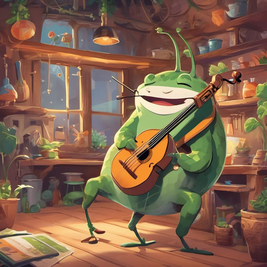 A small, industrious creature with a shiny back, carrying tiny grains on its back, symbolizing teamworks and A lean, green insect with long legs and a jovial grin, holding a fiddle, representing whimsy and music playing music and sharing meals in a cozy underground home, with a warm, cheerful atmosphere.